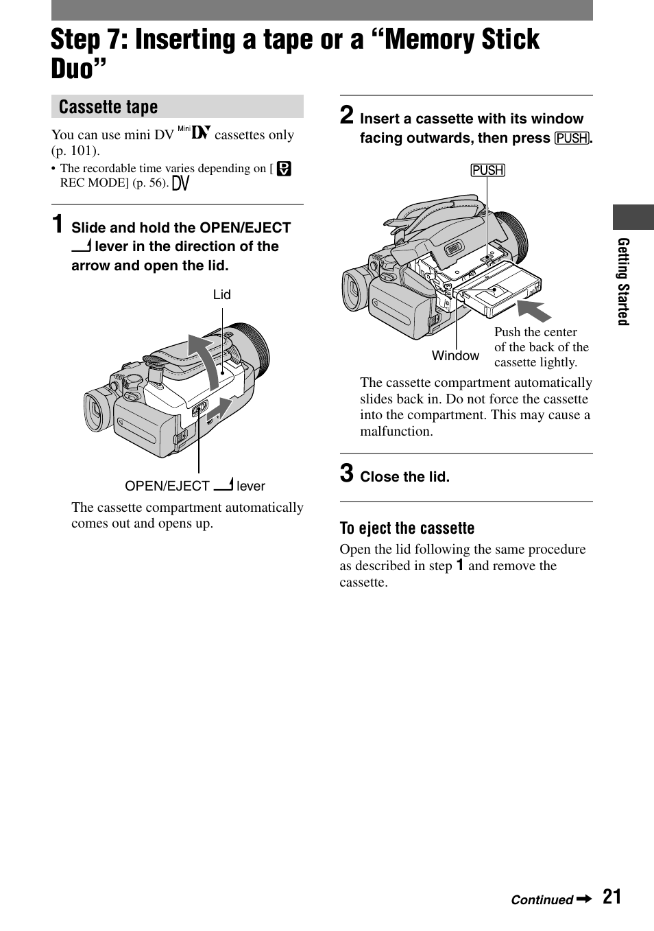 Step 7: inserting a tape or a “memory stick duo | Sony HDR-HC1 User Manual | Page 21 / 123