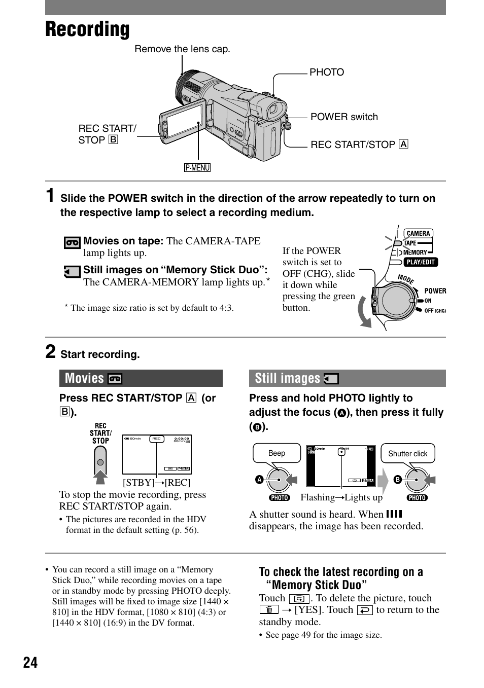 Recording/playback, Recording, Movies | Still images | Sony HDR-HC1 User Manual | Page 24 / 123