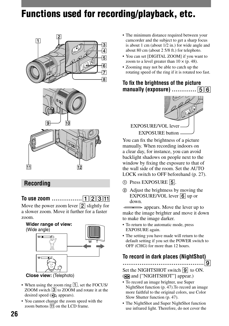 Functions used for recording/playback, etc, Recording, To use zoom | To record in dark places (nightshot) | Sony HDR-HC1 User Manual | Page 26 / 123