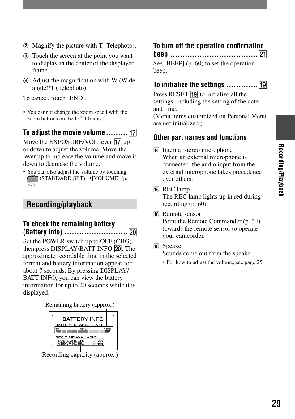 To adjust the movie volume, Recording/playback, To check the remaining battery (battery info) | To turn off the operation confirmation beep, To initialize the settings, Other part names and functions, To turn off the operation conﬁrmation beep | Sony HDR-HC1 User Manual | Page 29 / 123