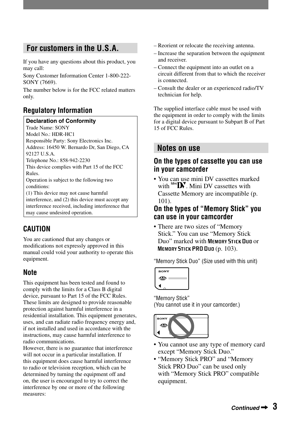 For customers in the u.s.a | Sony HDR-HC1 User Manual | Page 3 / 123