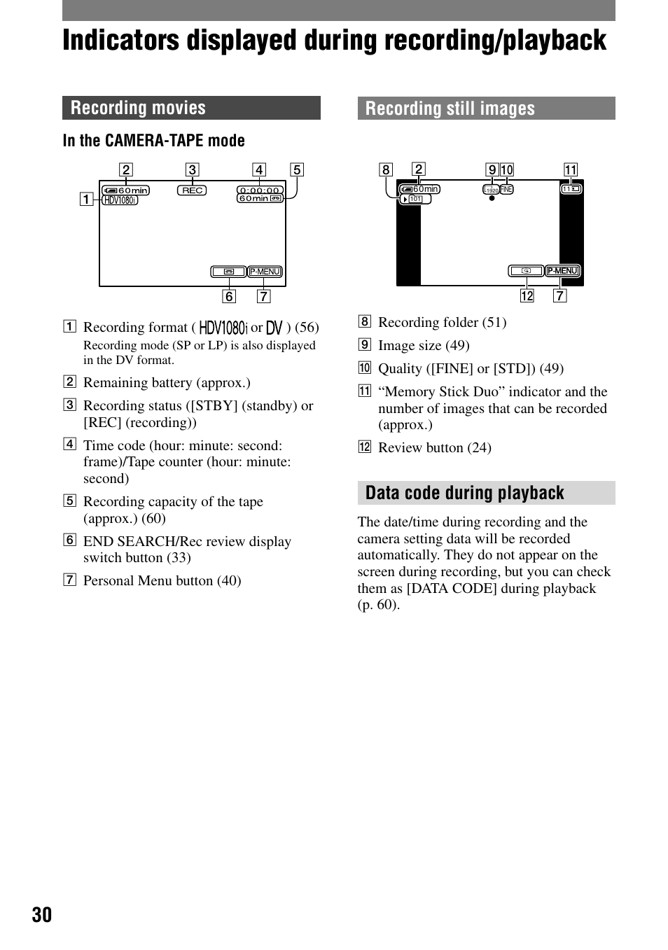 Indicators displayed during recording/playback, Recording movies, Recording still images | Data code during playback | Sony HDR-HC1 User Manual | Page 30 / 123