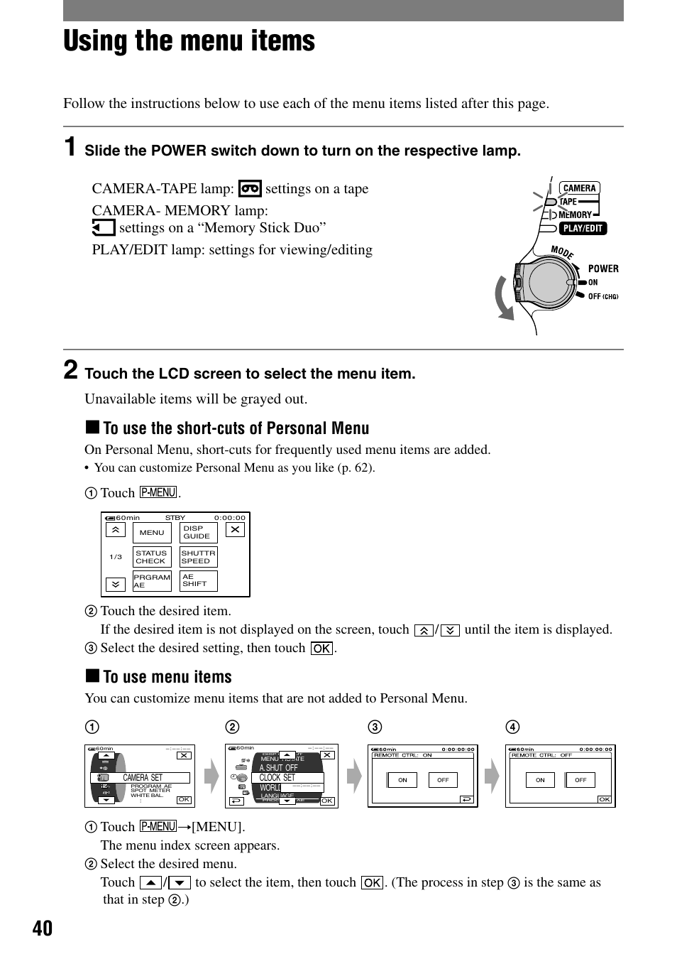 Using the menu items | Sony HDR-HC1 User Manual | Page 40 / 123