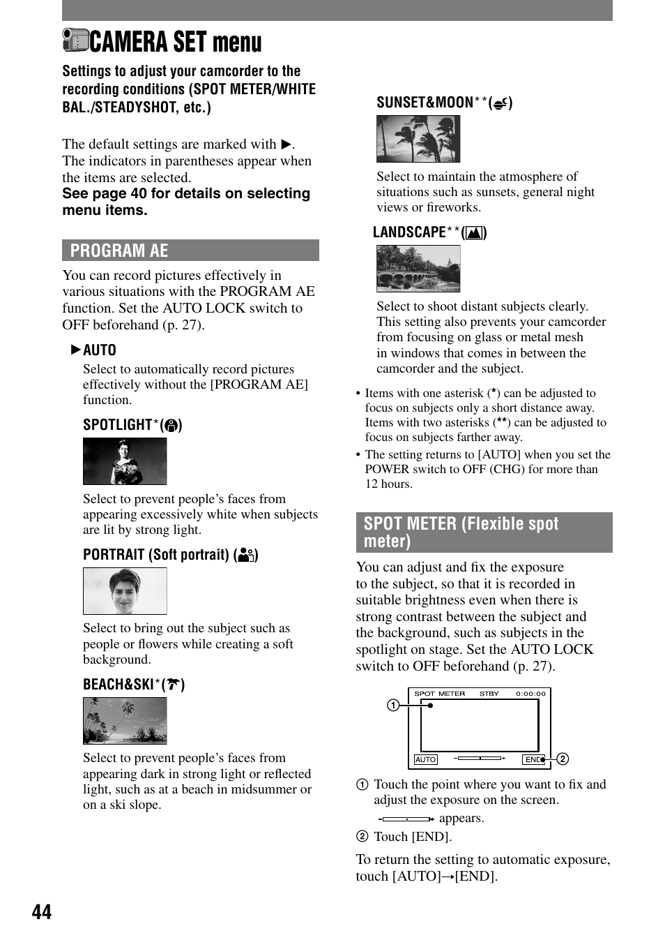 Camera set menu, Spot meter/white bal./steadyshot, etc.), Program ae | Spot meter (flexible spot meter) | Sony HDR-HC1 User Manual | Page 44 / 123