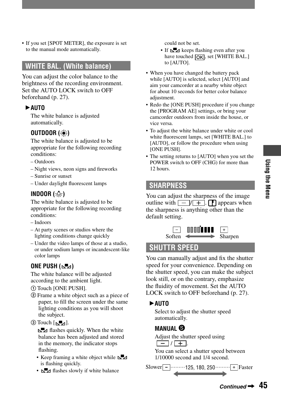 Shuttr speed, White bal. (white balance), Sharpness | Sony HDR-HC1 User Manual | Page 45 / 123