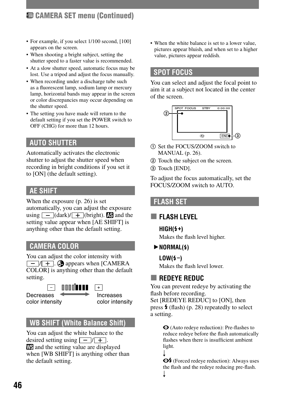 Camera set menu (continued), Auto shutter, Ae shift | Camera color, Wb shift (white balance shift), Spot focus, Flash set | Sony HDR-HC1 User Manual | Page 46 / 123