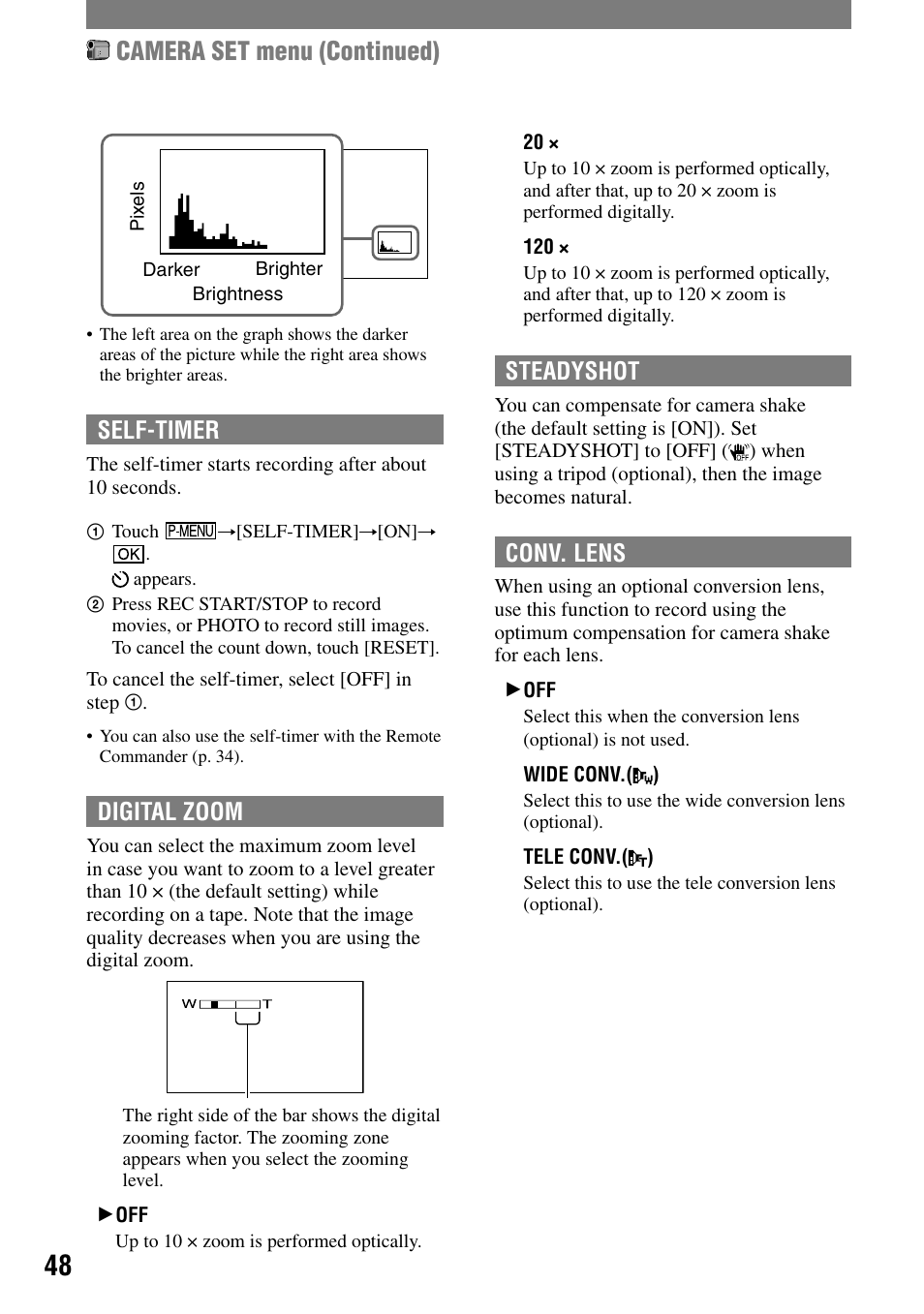 Camera set menu (continued), Self-timer, Digital zoom | Steadyshot, Conv. lens | Sony HDR-HC1 User Manual | Page 48 / 123