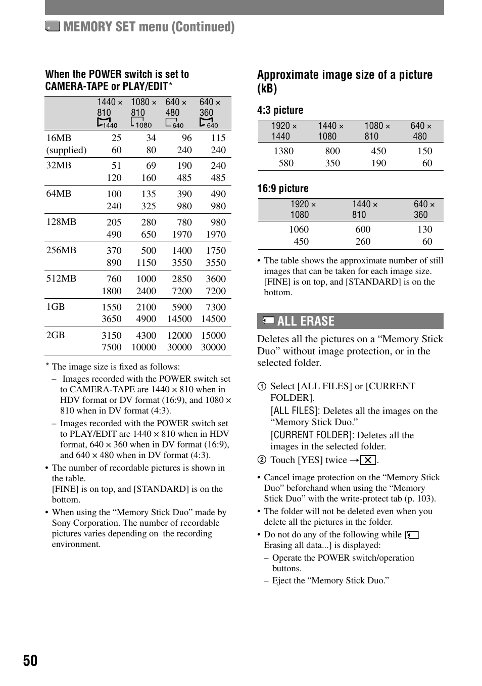 All erase, Approximate image size of a picture (kb) | Sony HDR-HC1 User Manual | Page 50 / 123