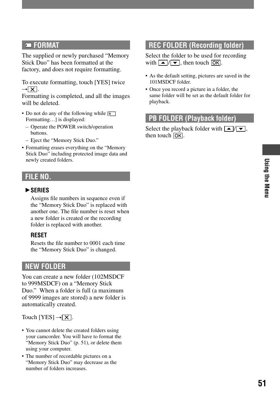 Rec folder (recording folder), Pb folder (playback folder), Format | File no, New folder | Sony HDR-HC1 User Manual | Page 51 / 123