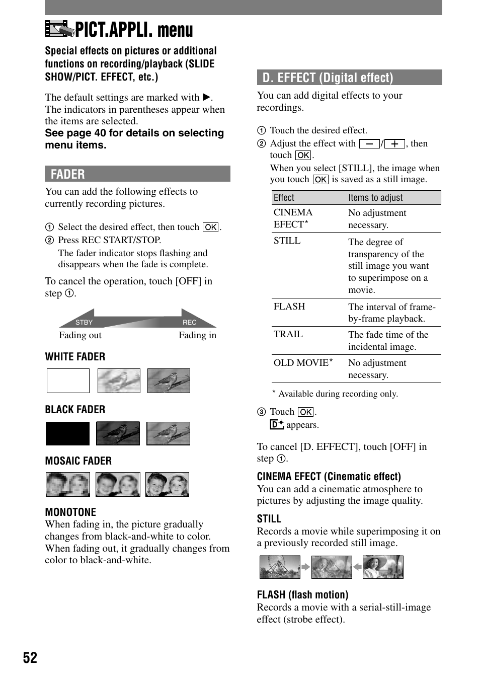 Pict.appli. menu, Slide show/pict. effect, etc.), D. effect (digital effect) | Fader | Sony HDR-HC1 User Manual | Page 52 / 123
