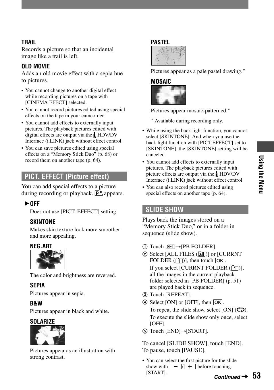 Pict. effect (picture effect), Slide show | Sony HDR-HC1 User Manual | Page 53 / 123