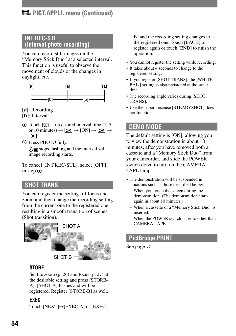 Pict.appli. menu (continued), Demo mode, Pictbridge print | Int.rec-stl (interval photo recording), Shot trans | Sony HDR-HC1 User Manual | Page 54 / 123