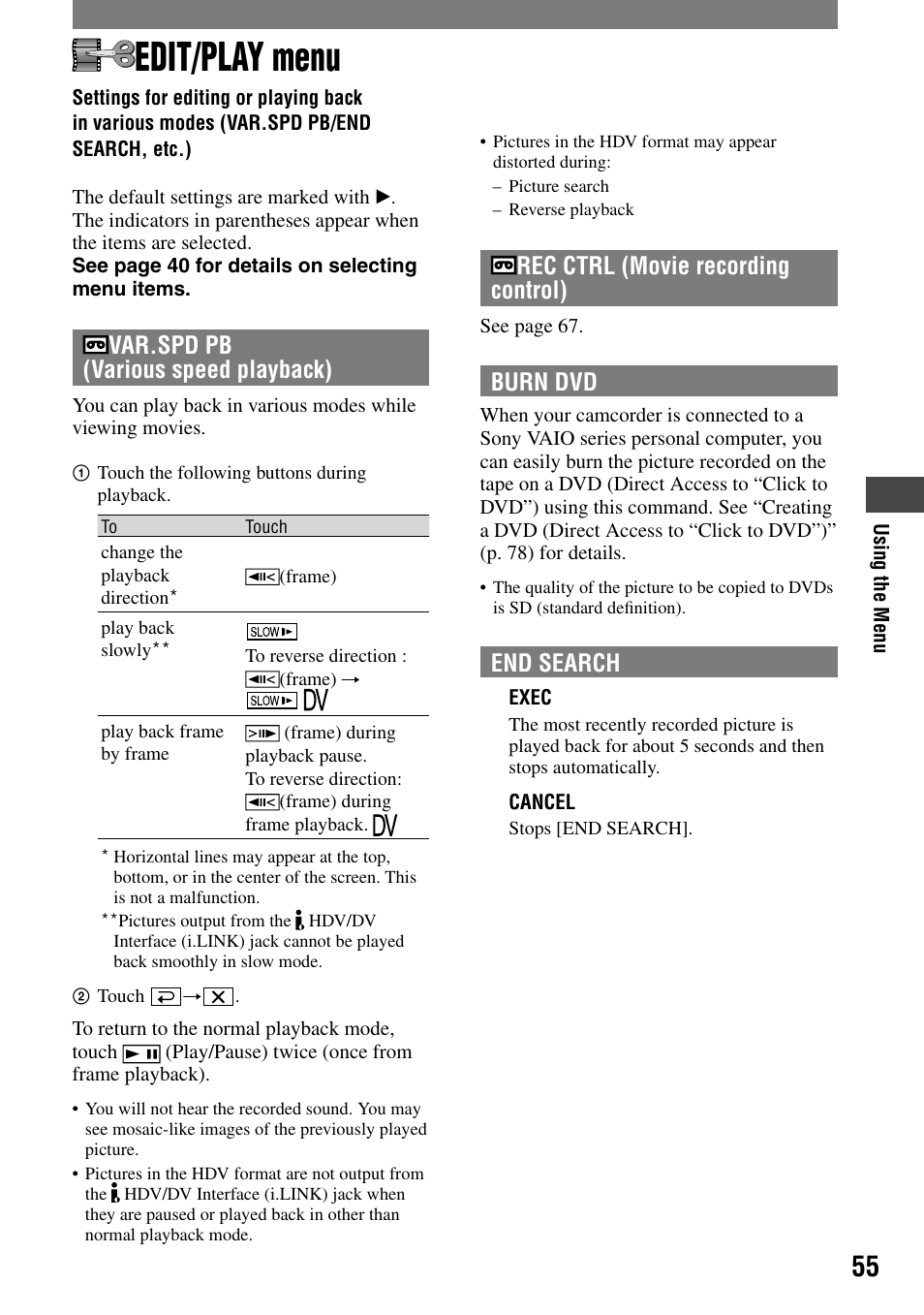 Edit/play menu, Search, etc.), Var.spd pb (various speed playback) | Rec ctrl (movie recording control), Burn dvd, End search | Sony HDR-HC1 User Manual | Page 55 / 123