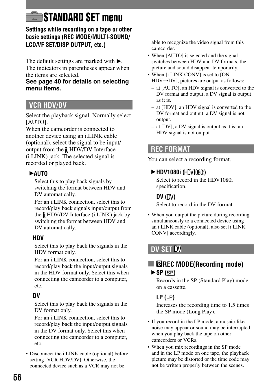 Standard set menu, Multi-sound/lcd/vf set/disp output, etc.), Rec format | Dv set, Vcr hdv/dv | Sony HDR-HC1 User Manual | Page 56 / 123