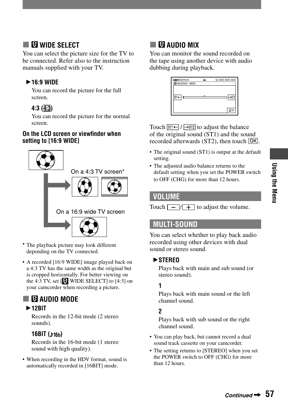 Volume, Multi-sound | Sony HDR-HC1 User Manual | Page 57 / 123
