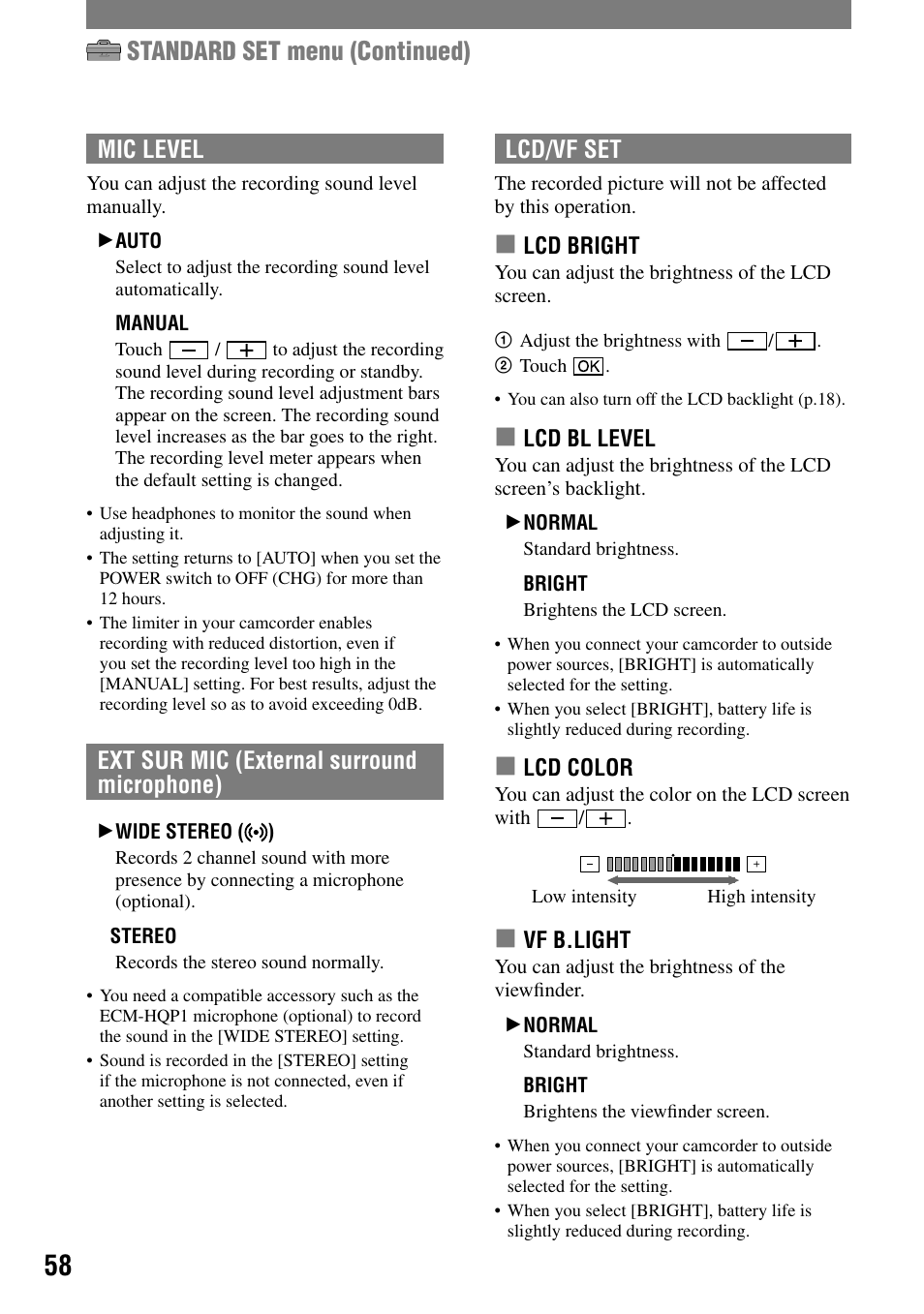 Standard set menu (continued), Lcd/vf set, Mic level | Ext sur mic (external surround microphone) | Sony HDR-HC1 User Manual | Page 58 / 123