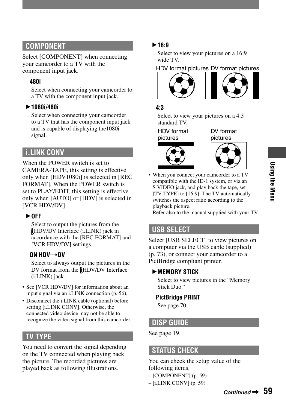 Component, I.link conv, Tv type | Usb select, Disp guide, Status check | Sony HDR-HC1 User Manual | Page 59 / 123