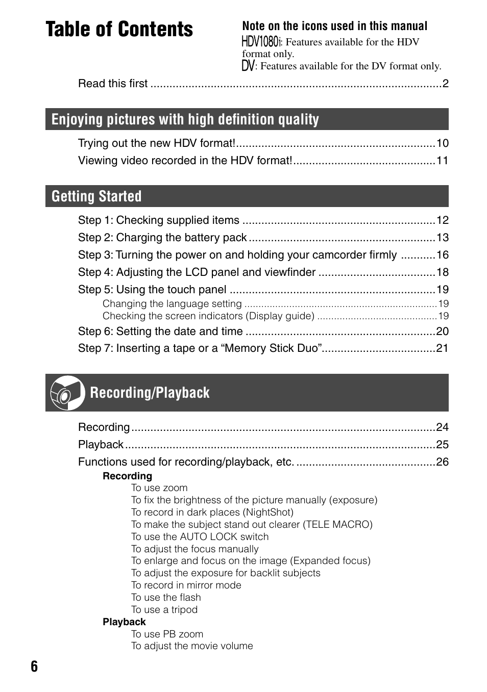 Sony HDR-HC1 User Manual | Page 6 / 123