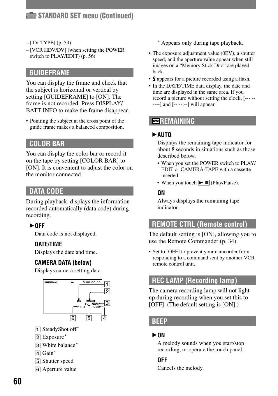 Standard set menu (continued), Remaining, Remote ctrl (remote control) | Rec lamp (recording lamp), Beep, Guideframe, Color bar, Data code | Sony HDR-HC1 User Manual | Page 60 / 123