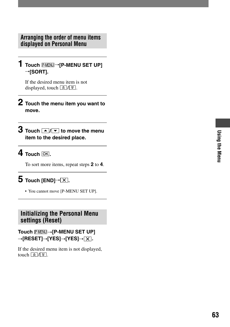 Initializing the personal menu settings (reset) | Sony HDR-HC1 User Manual | Page 63 / 123