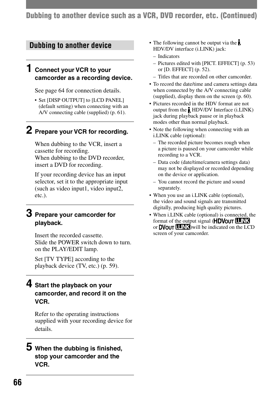 Dubbing to another device | Sony HDR-HC1 User Manual | Page 66 / 123
