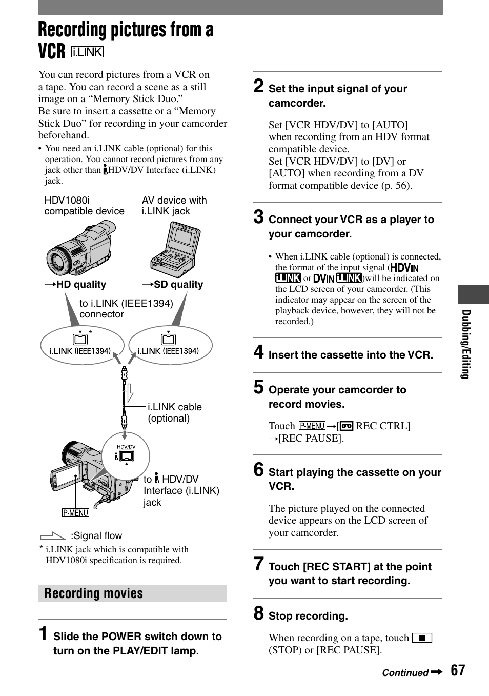 Recording pictures from a vcr | Sony HDR-HC1 User Manual | Page 67 / 123