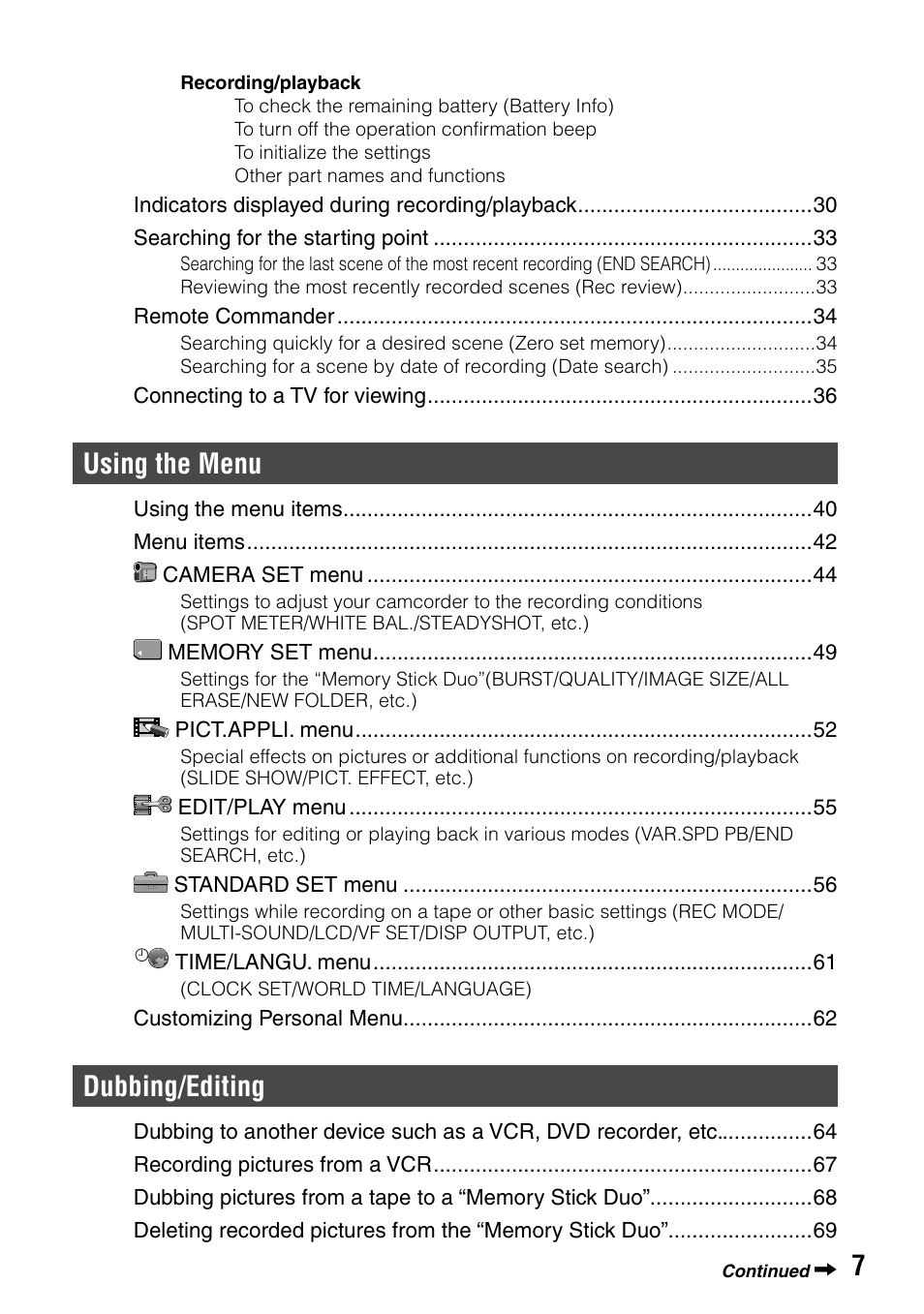 Using the menu, Dubbing/editing | Sony HDR-HC1 User Manual | Page 7 / 123