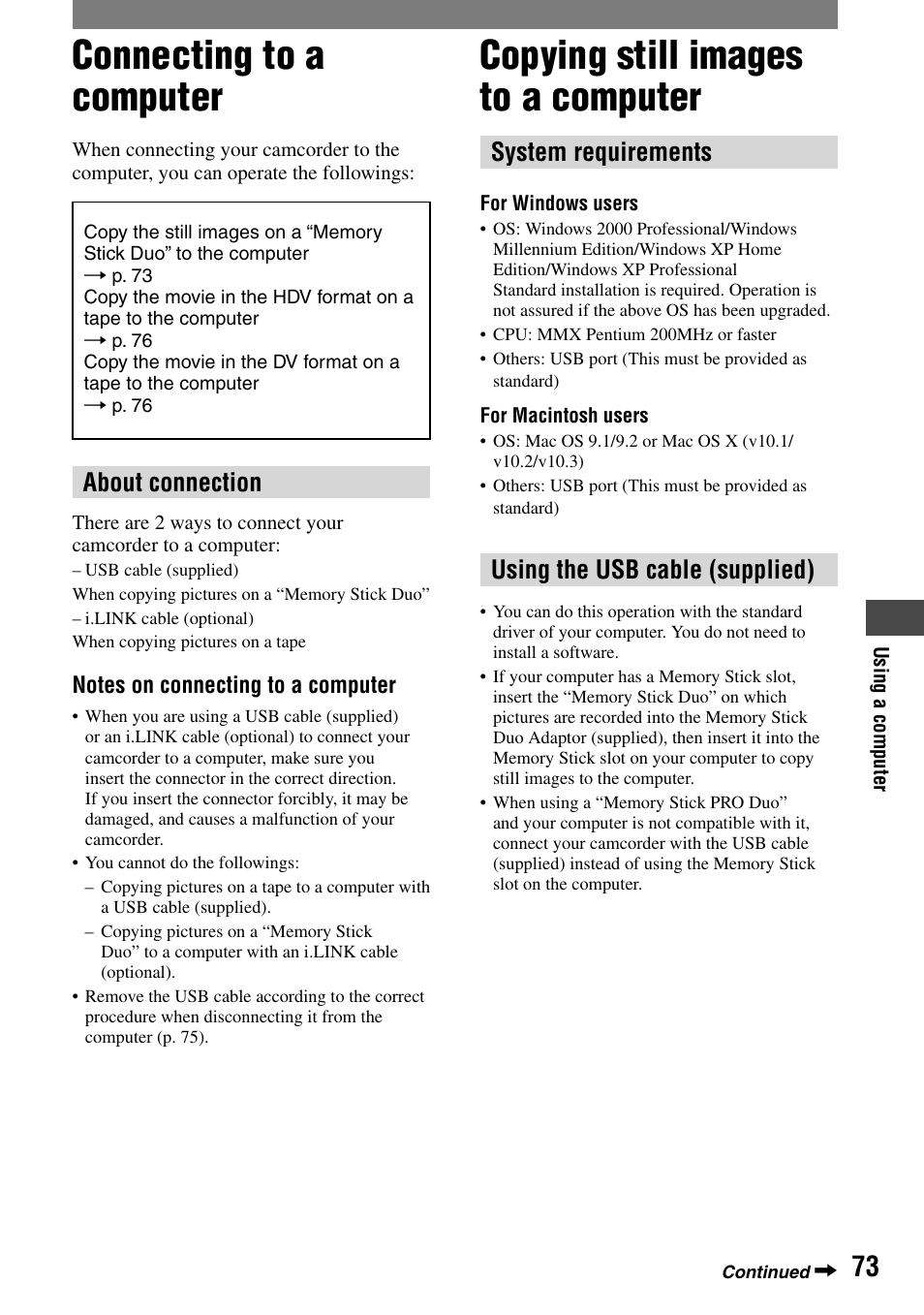 Using a computer, Connecting to a computer, Copying still images to a computer | About connection, System requirements, Using the usb cable (supplied) | Sony HDR-HC1 User Manual | Page 73 / 123