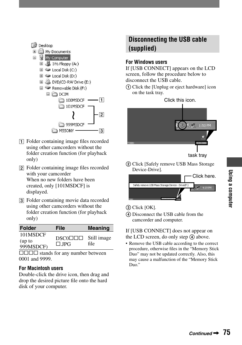 Disconnecting the usb cable (supplied) | Sony HDR-HC1 User Manual | Page 75 / 123