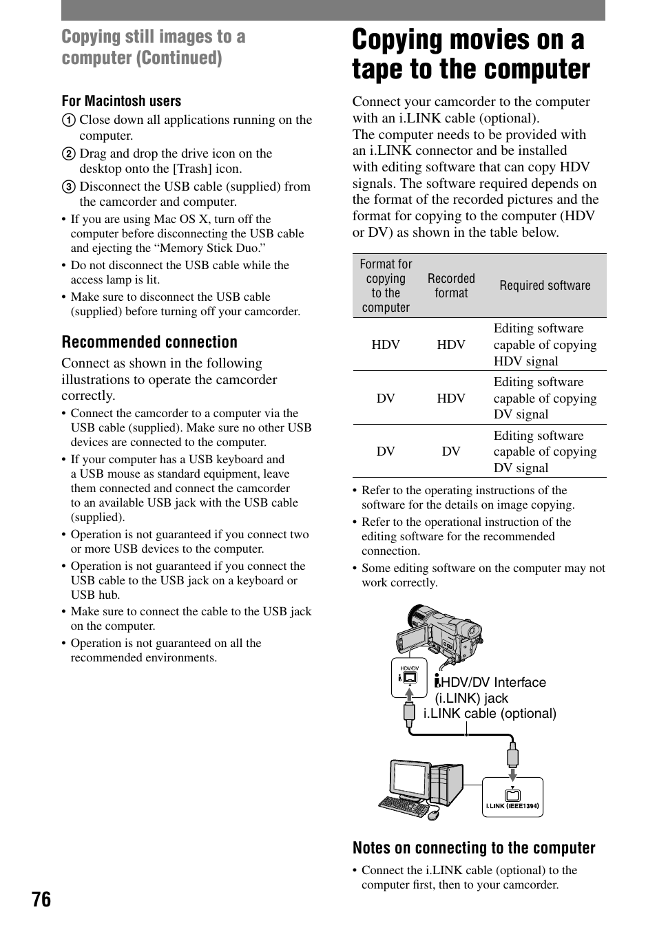 Copying movies on a tape to the computer, Copying still images to a computer (continued) | Sony HDR-HC1 User Manual | Page 76 / 123
