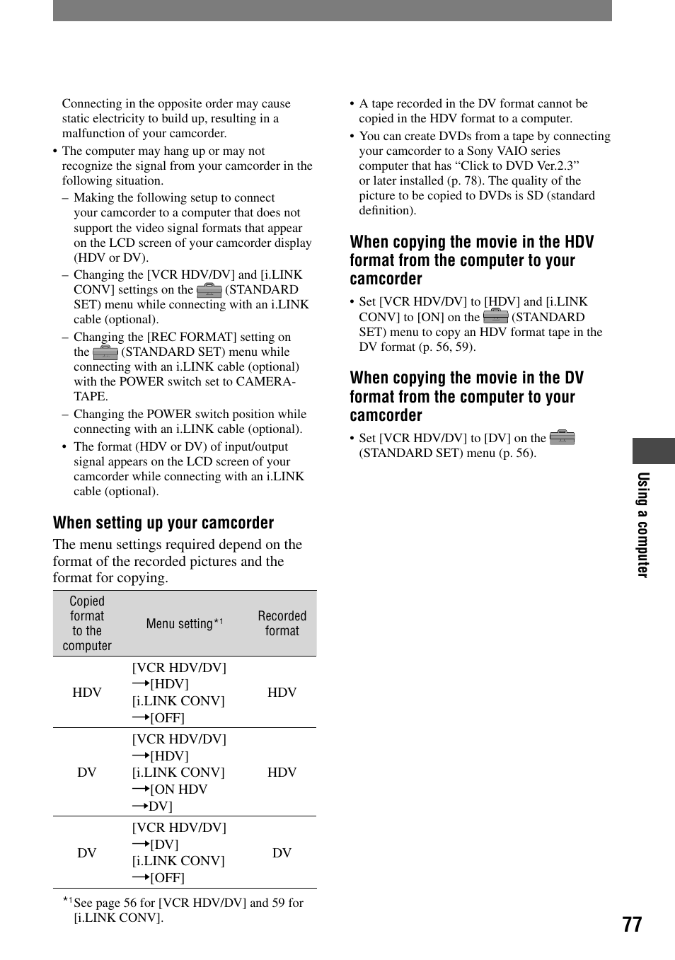 When setting up your camcorder | Sony HDR-HC1 User Manual | Page 77 / 123