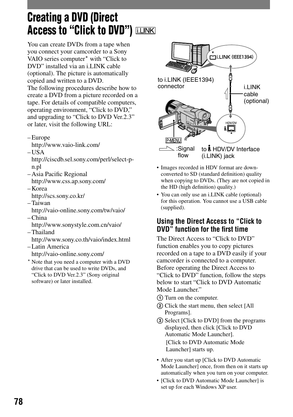 Creating a dvd (direct access to “click to dvd”) | Sony HDR-HC1 User Manual | Page 78 / 123