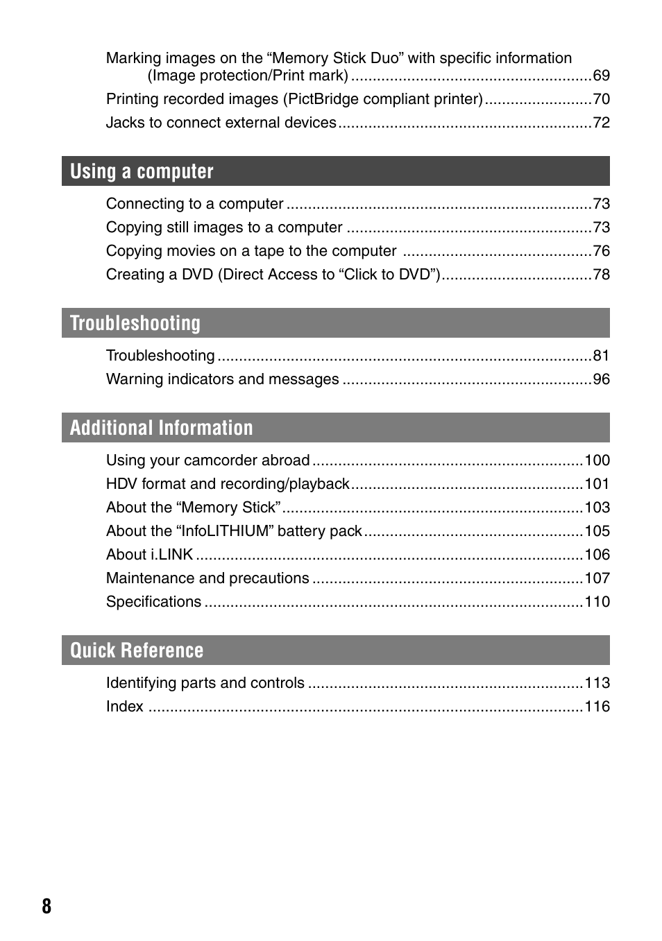 Using a computer, Troubleshooting, Additional information | Quick reference | Sony HDR-HC1 User Manual | Page 8 / 123