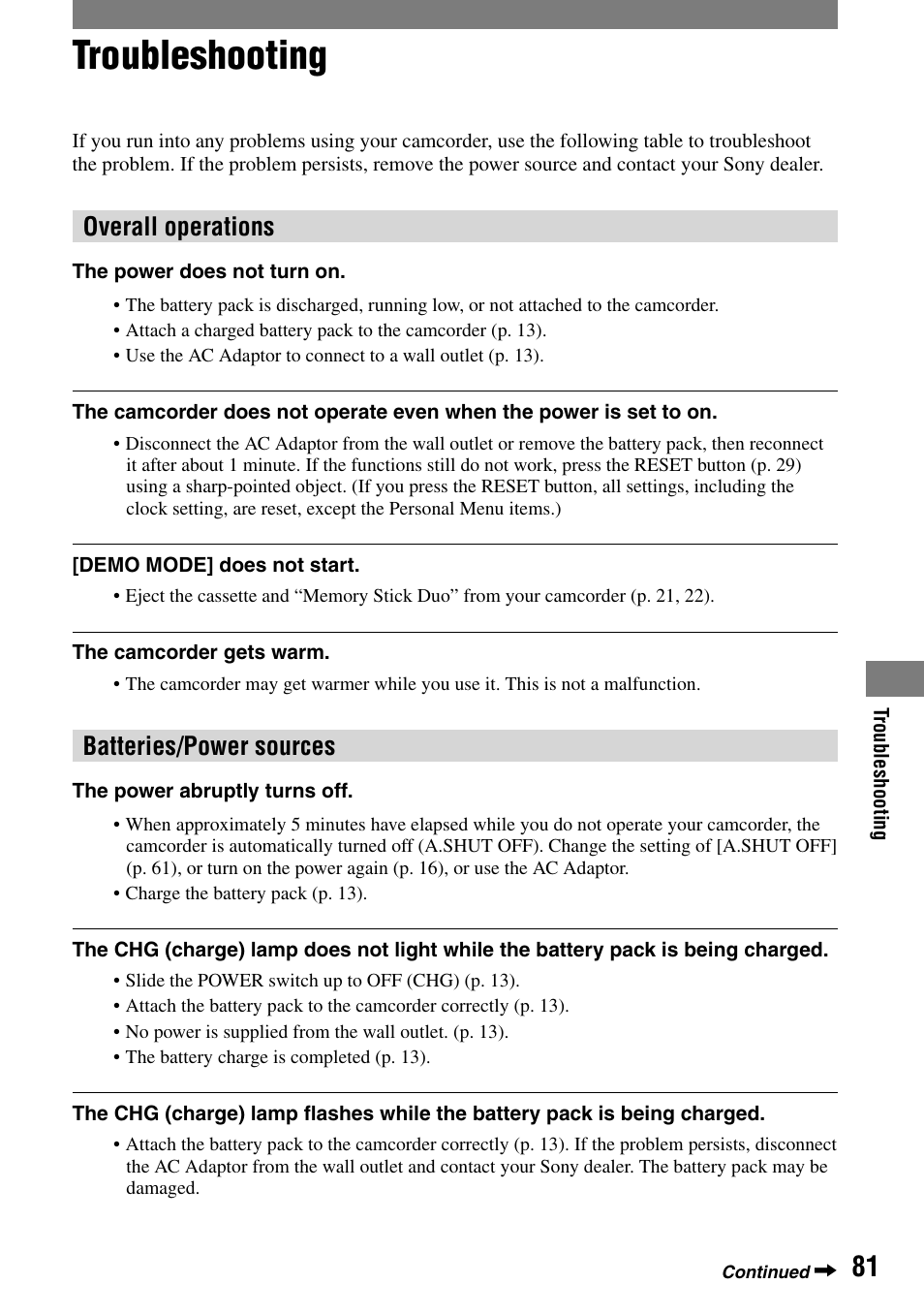 Troubleshooting, Overall operations, Batteries/power sources | Sony HDR-HC1 User Manual | Page 81 / 123