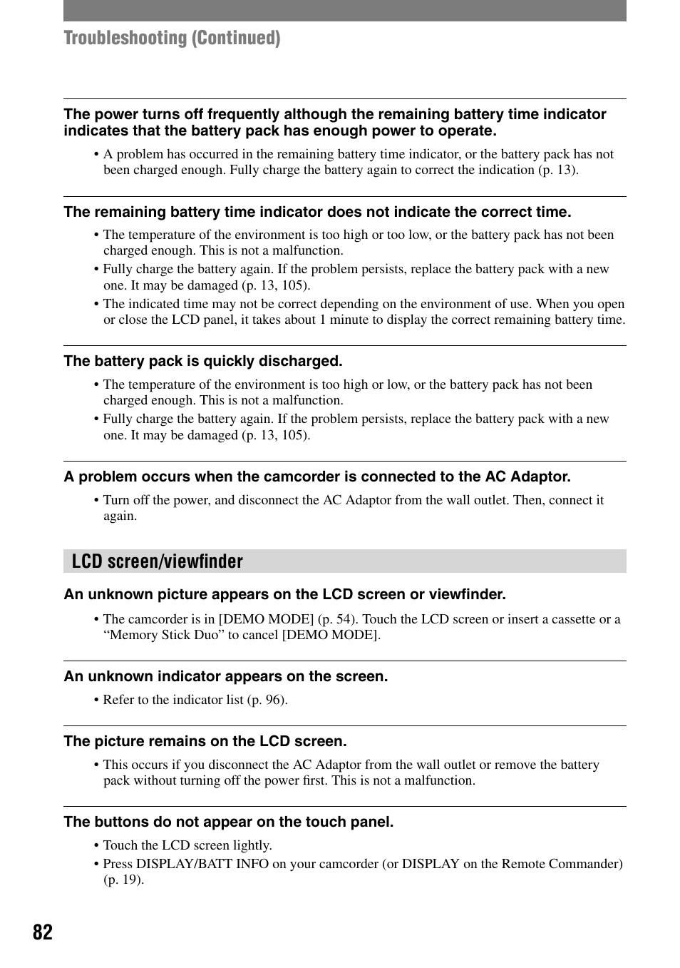 Troubleshooting (continued), Lcd screen/viewﬁnder | Sony HDR-HC1 User Manual | Page 82 / 123