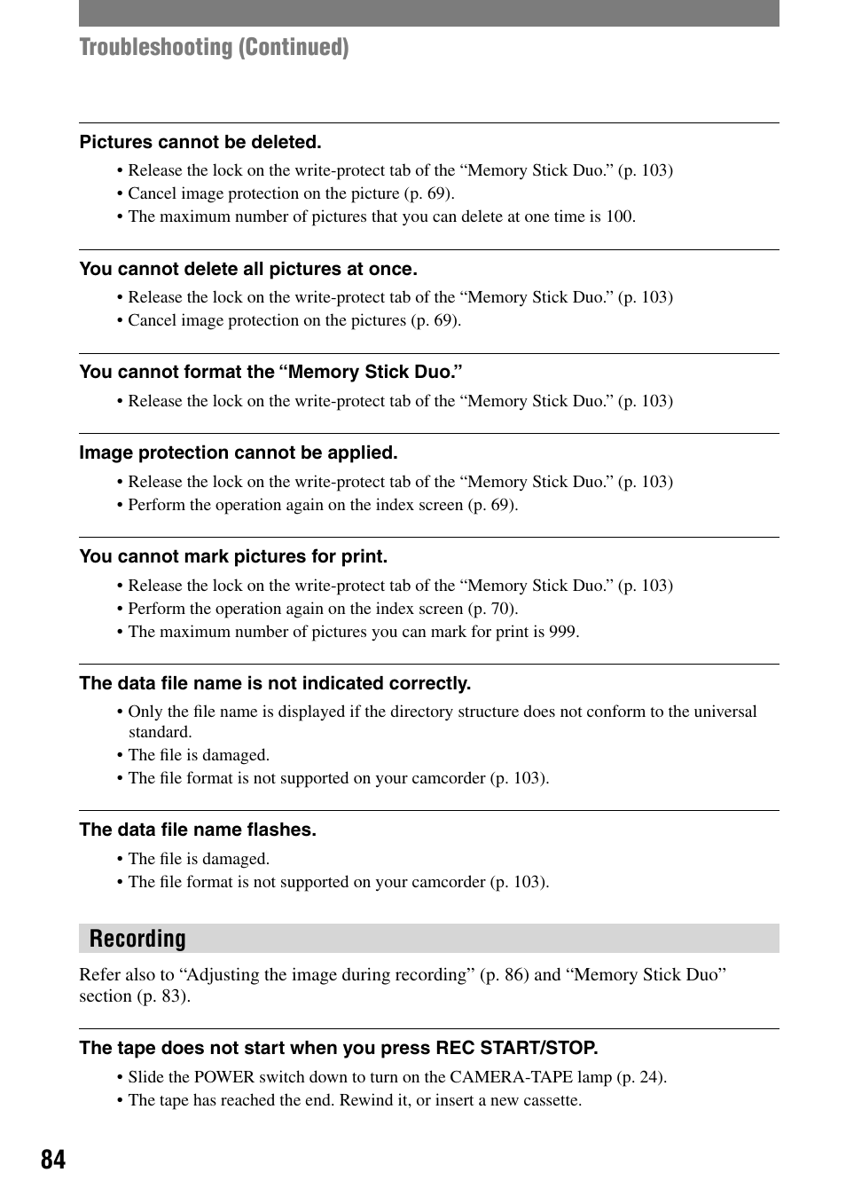 Troubleshooting (continued), Recording | Sony HDR-HC1 User Manual | Page 84 / 123