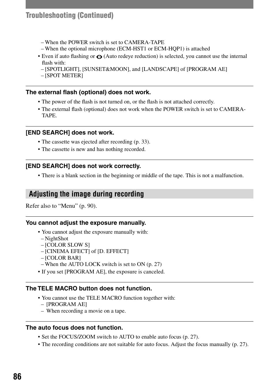 Troubleshooting (continued), Adjusting the image during recording | Sony HDR-HC1 User Manual | Page 86 / 123