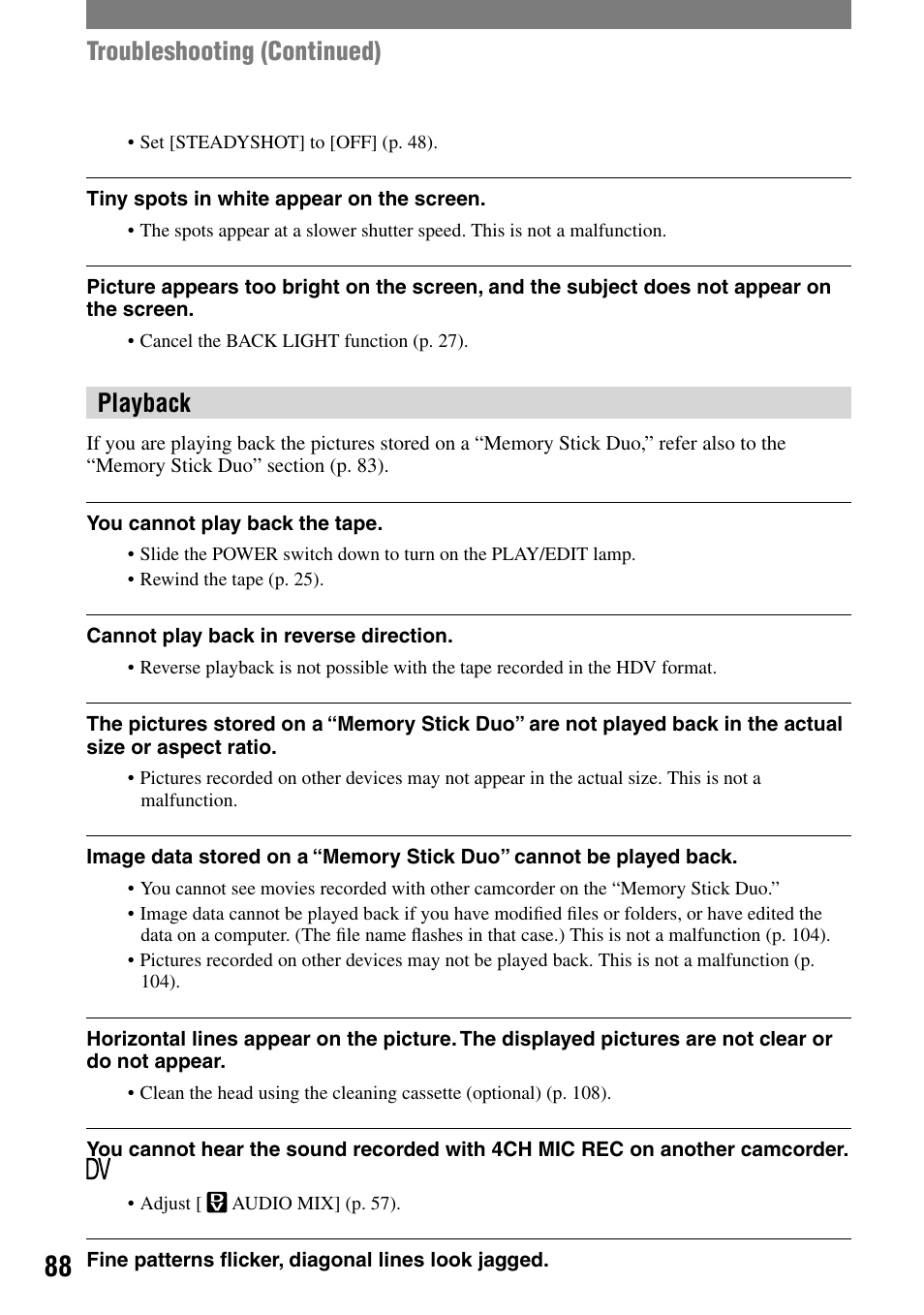 Troubleshooting (continued), Playback | Sony HDR-HC1 User Manual | Page 88 / 123