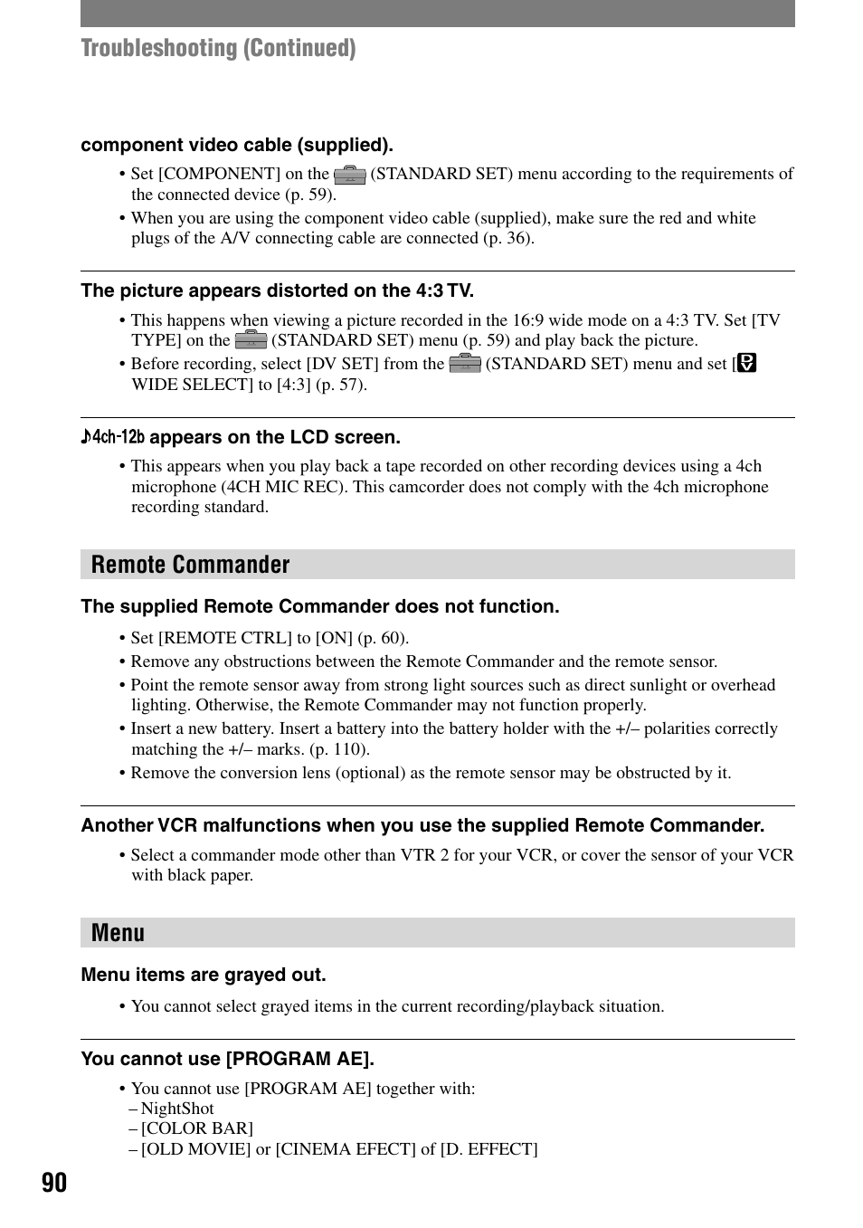 Troubleshooting (continued), Remote commander, Menu | Sony HDR-HC1 User Manual | Page 90 / 123