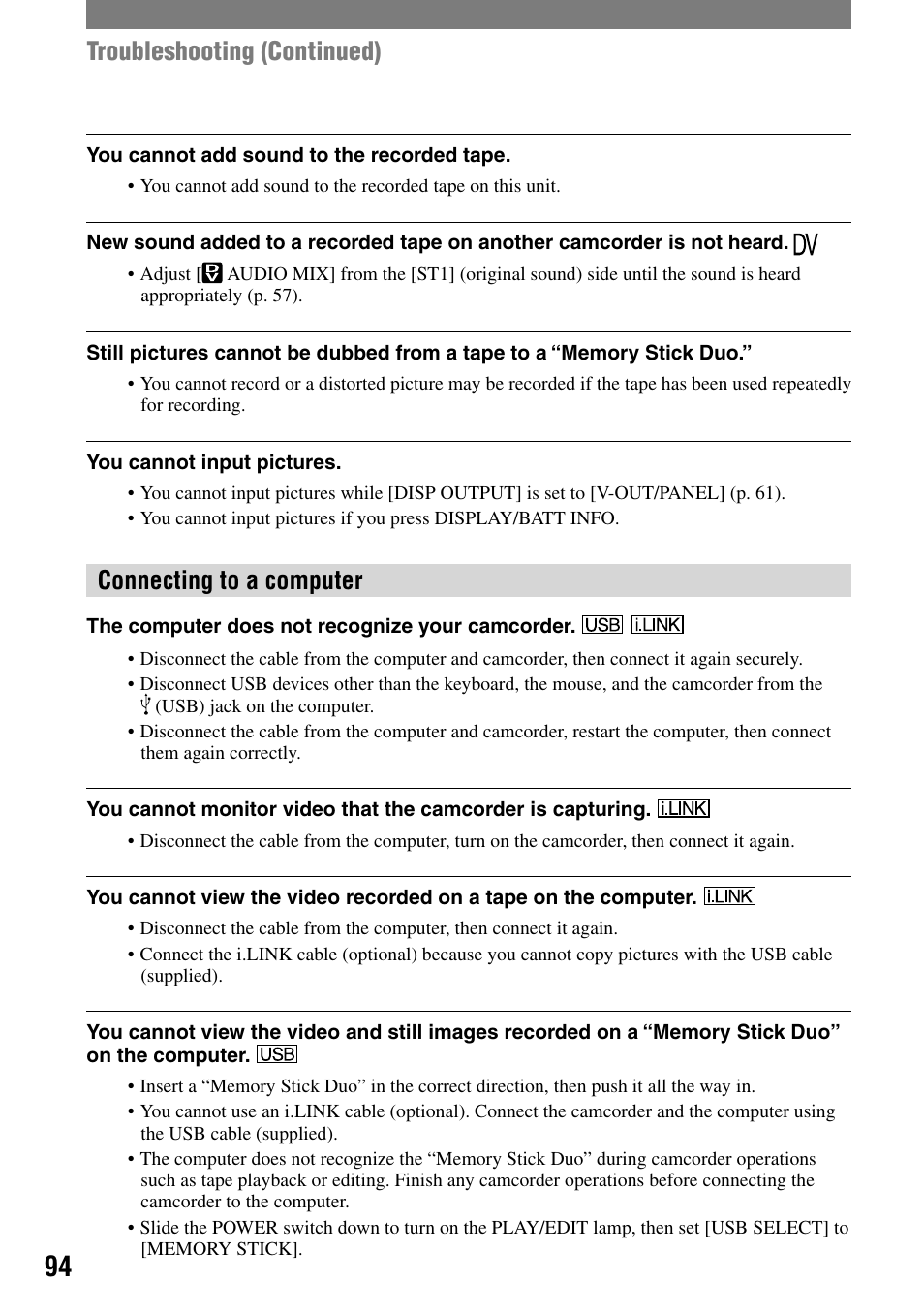 Connecting to a computer, Troubleshooting (continued) | Sony HDR-HC1 User Manual | Page 94 / 123