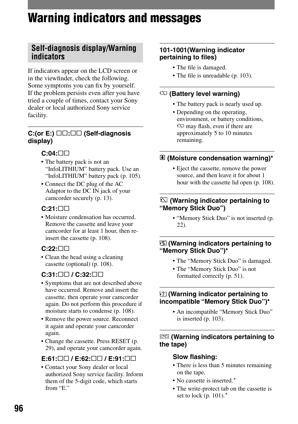 Warning indicators and messages, Self-diagnosis display/warning indicators | Sony HDR-HC1 User Manual | Page 96 / 123