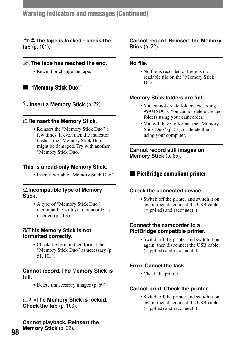 Warning indicators and messages (continued) | Sony HDR-HC1 User Manual | Page 98 / 123