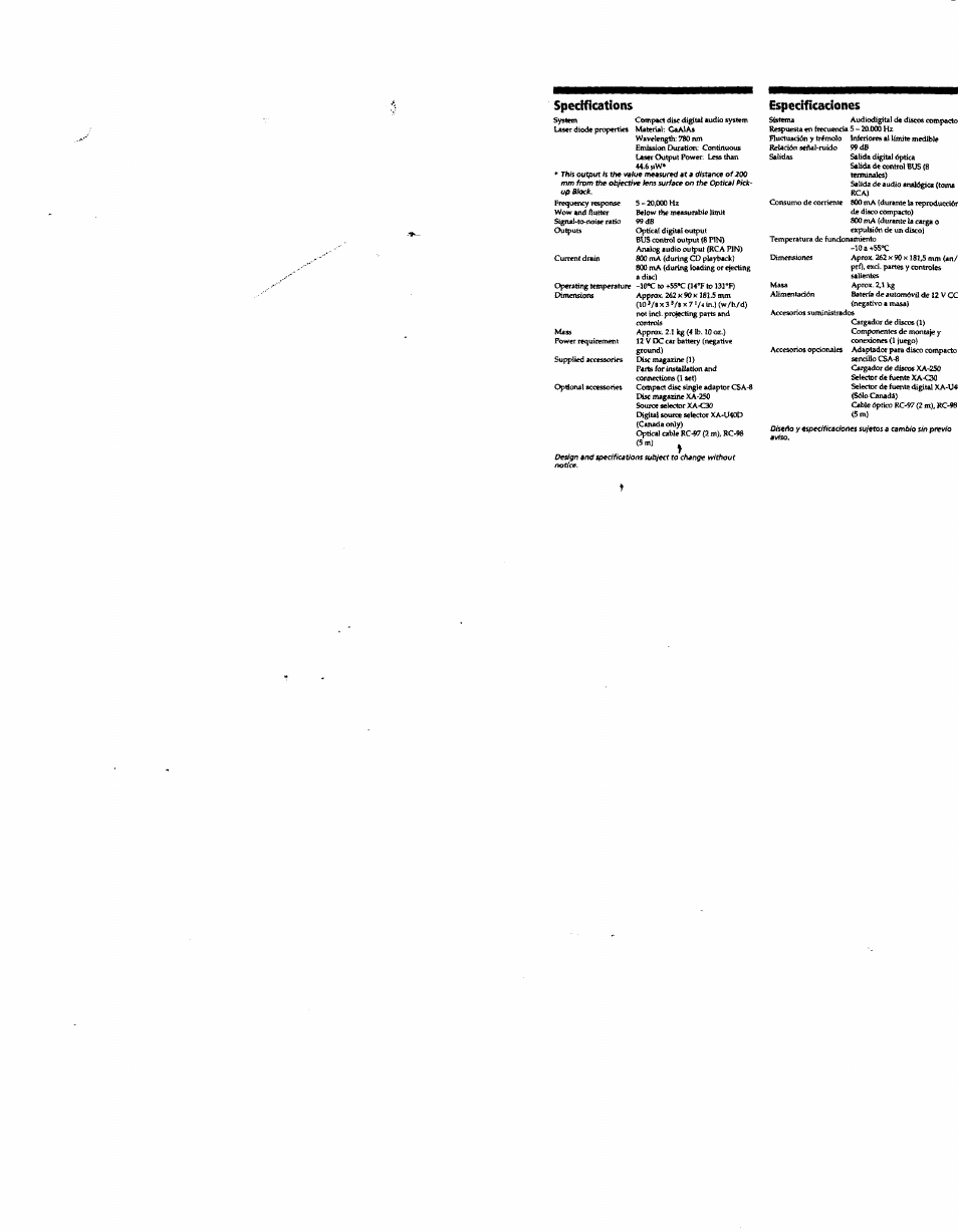 Specifications, Especificaciones, Specifications especificaciones | Sony CDX-828 User Manual | Page 15 / 17
