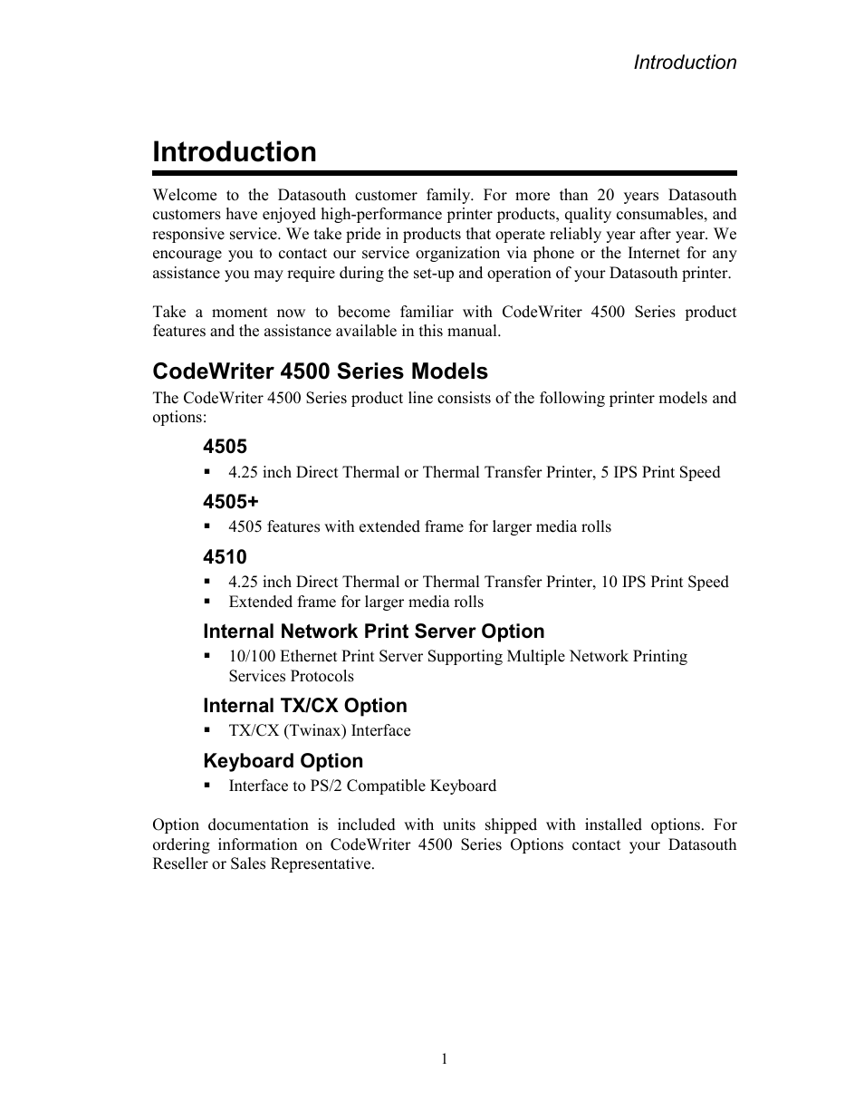 Introduction, Codewriter 4500 series models, Internal network print server option | Internal tx/cx option, Keyboard option | AMT Datasouth Codewriter 4500 Series User Manual | Page 11 / 94