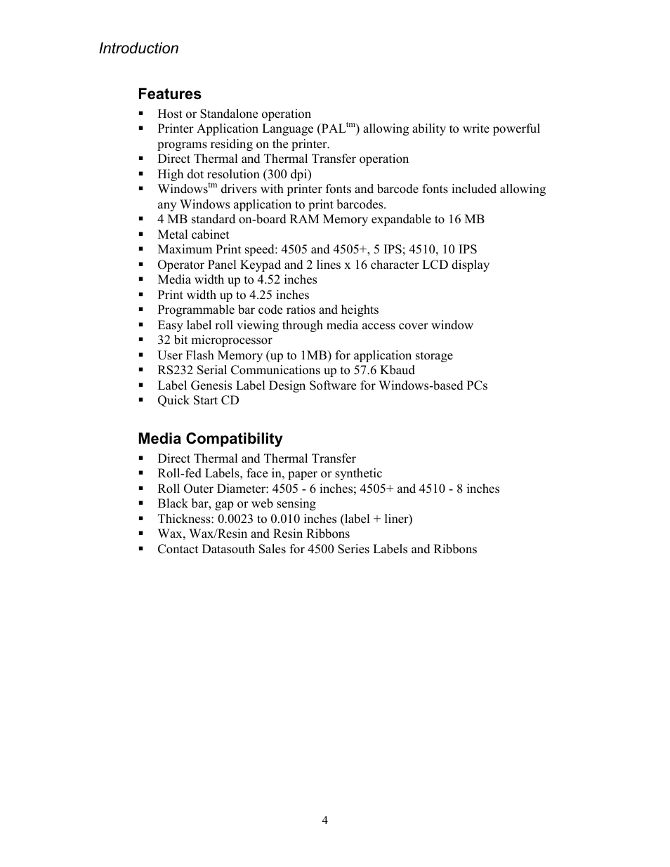 Features, Media compatibility | AMT Datasouth Codewriter 4500 Series User Manual | Page 14 / 94