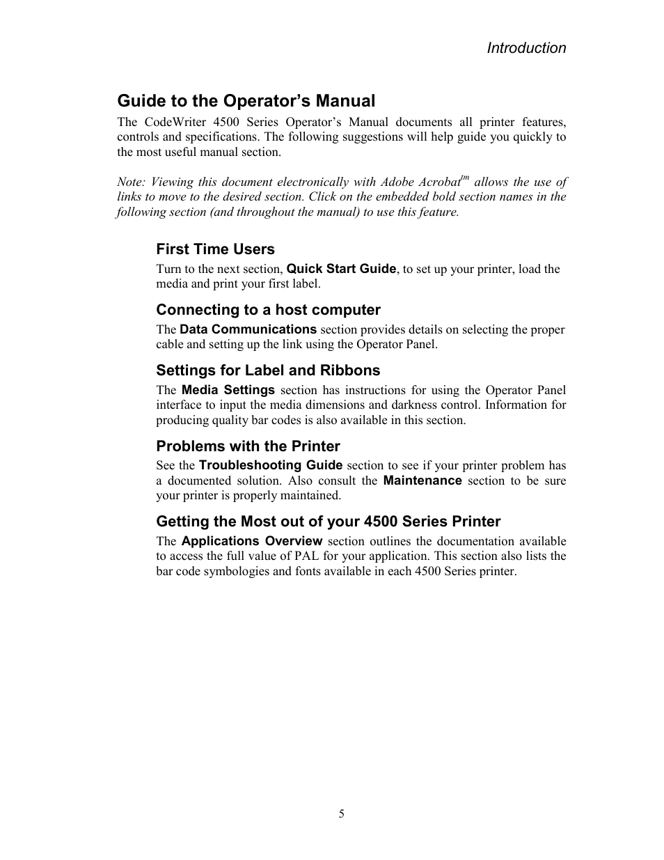 Guide to the operator’s manual, First time users, Connecting to a host computer | Settings for label and ribbons, Problems with the printer, Getting the most out of your 4500 series printer | AMT Datasouth Codewriter 4500 Series User Manual | Page 15 / 94