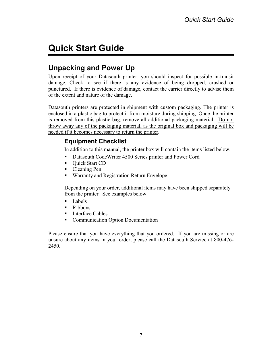 Quick start guide, Unpacking and power up, Equipment checklist | AMT Datasouth Codewriter 4500 Series User Manual | Page 17 / 94