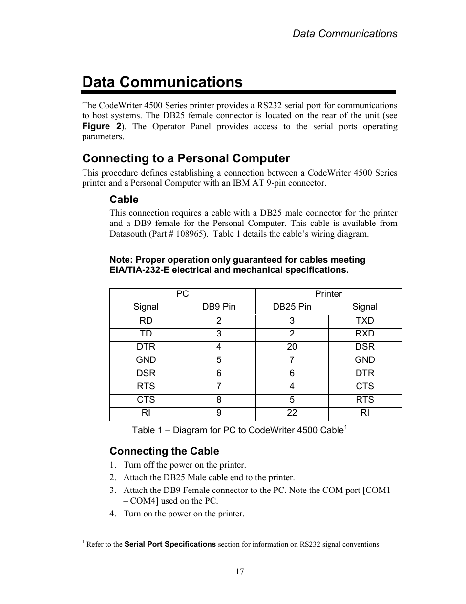 Data communications, Connecting to a personal computer, Cable | Connecting the cable, Table 1 – diagram for pc to codewriter 4500 cable | AMT Datasouth Codewriter 4500 Series User Manual | Page 27 / 94