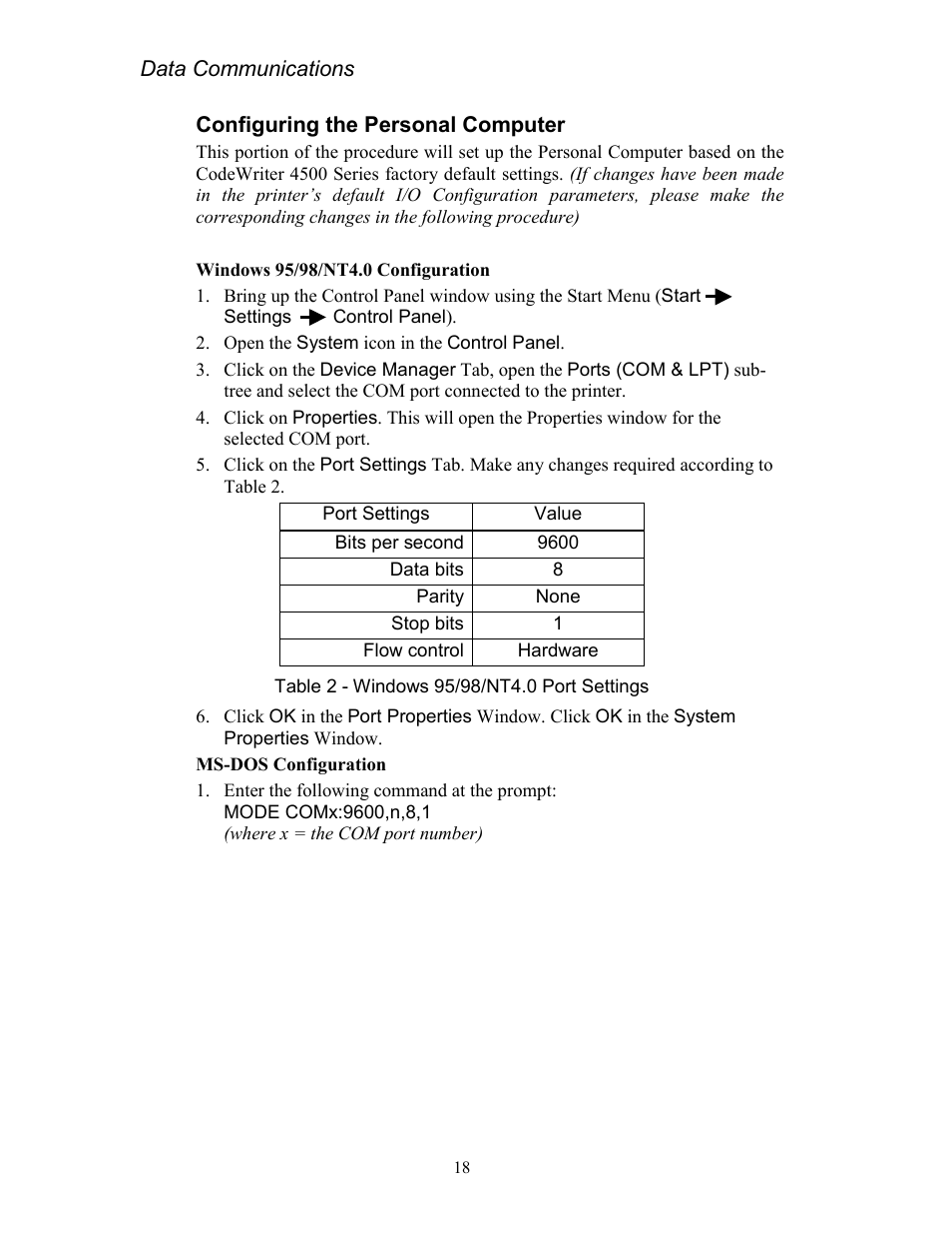 Configuring the personal computer, Table 2 - windows 95/98/nt4.0 port settings | AMT Datasouth Codewriter 4500 Series User Manual | Page 28 / 94