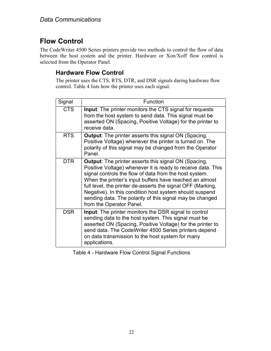 Flow control, Hardware flow control, Table 4 - hardware flow control signal functions | AMT Datasouth Codewriter 4500 Series User Manual | Page 32 / 94